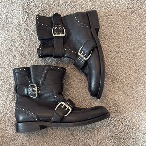 JIMMY CHOO Blyss Studded Biker Boots Black Leather Moto Boots w Silver Accents 🖤